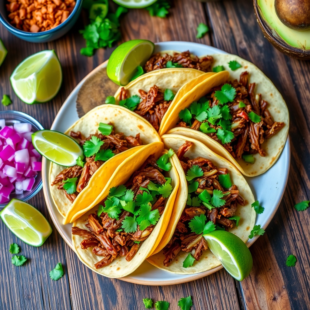 Beef barbacoa tacos topped with cilantro, lime wedges, and assorted toppings on a rustic table.